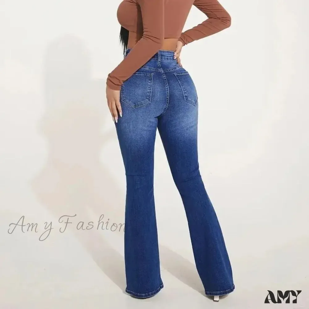 Amy Fashion - Stretch Slim Flare Button Fly High Waist Full Length Vintage Jean