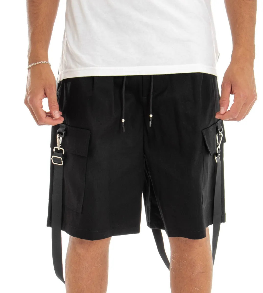 Bermuda Pantaloncino Uomo Shorts Tuta Nero Cargo Elastico GIOSAL-PC1557A