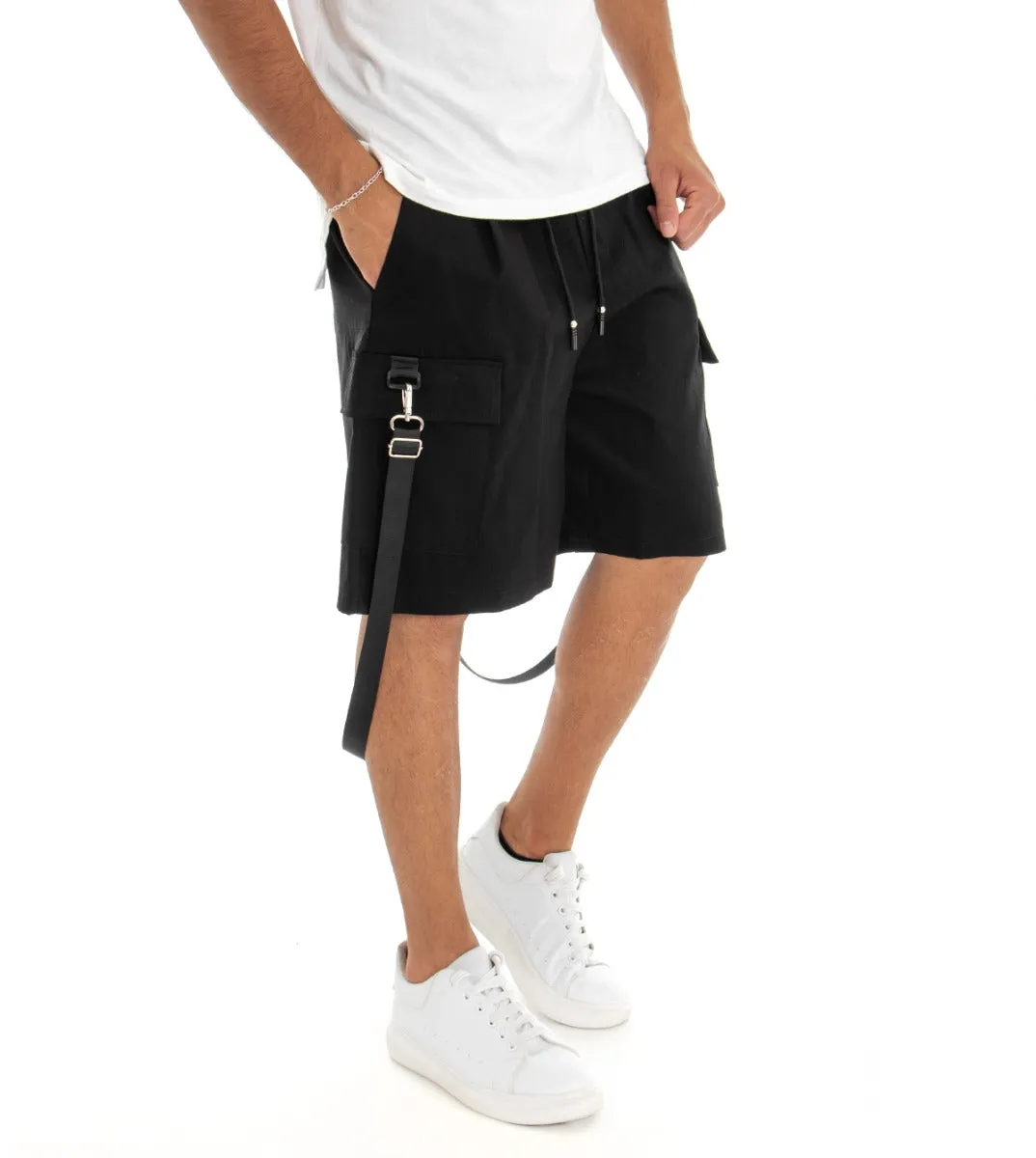 Bermuda Pantaloncino Uomo Shorts Tuta Nero Cargo Elastico GIOSAL-PC1557A