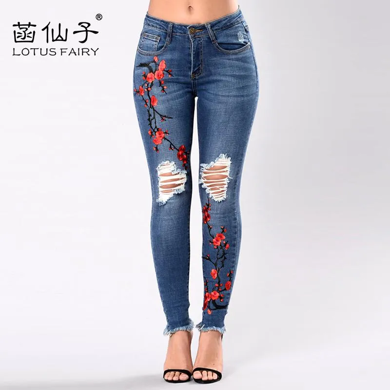 Embroidery high waist woman jeans skinny Vintage Ripped freddy pants Stretch pencil female bottom Elastic Denim trousers mujer