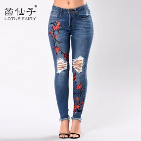 Embroidery high waist woman jeans skinny Vintage Ripped freddy pants Stretch pencil female bottom Elastic Denim trousers mujer