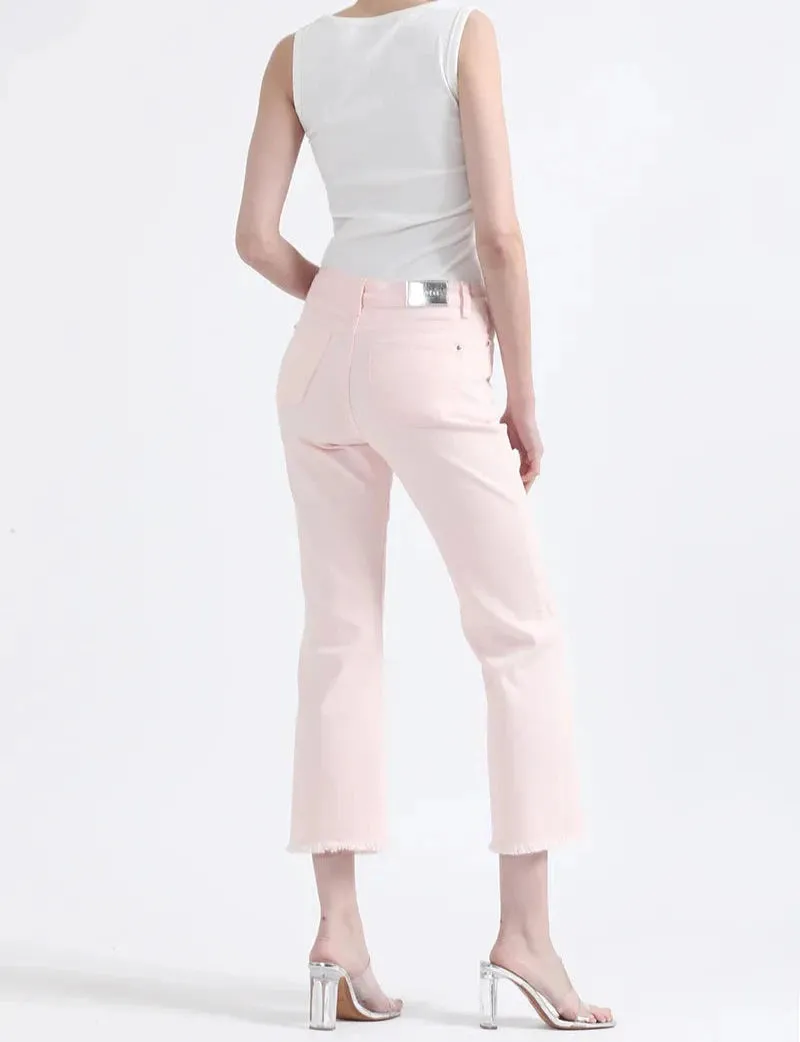 Jeans Mujer Color Flare Cropped Fit Tiro Medio Rosa