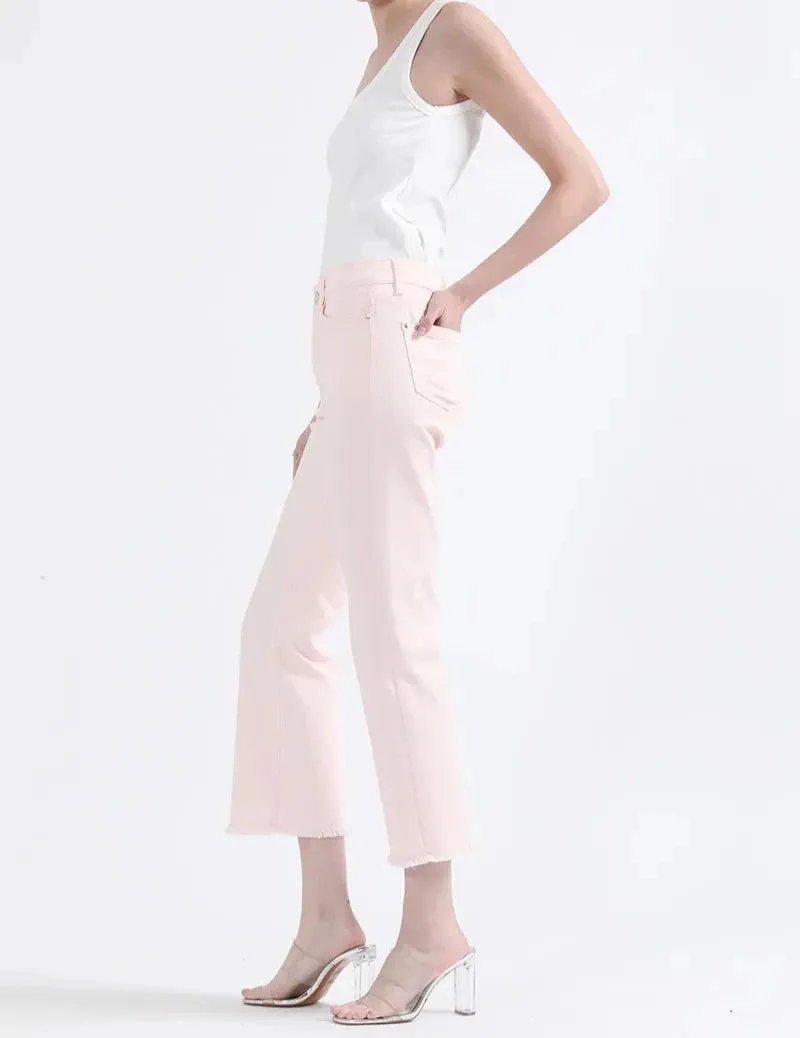 Jeans Mujer Color Flare Cropped Fit Tiro Medio Rosa