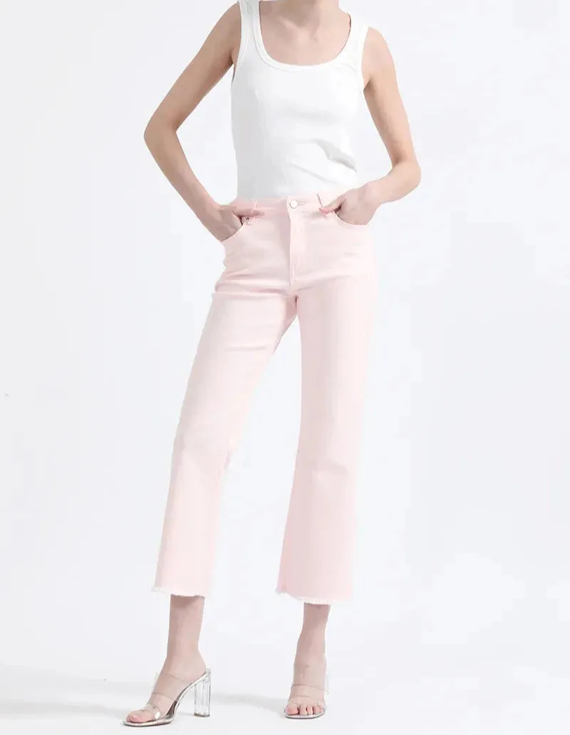 Jeans Mujer Color Flare Cropped Fit Tiro Medio Rosa