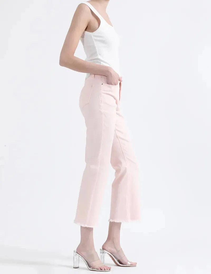 Jeans Mujer Color Flare Cropped Fit Tiro Medio Rosa