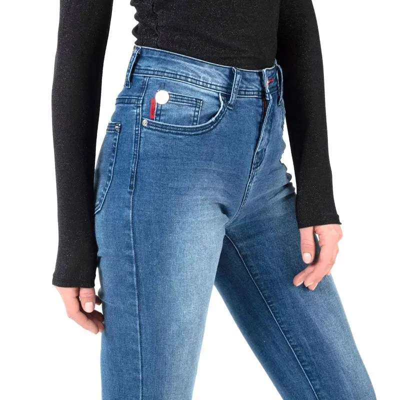 Jeans Mujer Jess Tiro Medio Skinny Flare Azul Oscuro