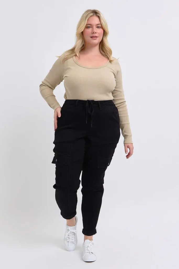 Judy Blue High Waist Cargo Cuff Black Jogger Denim Jeans 88910– sleekdenim.com
