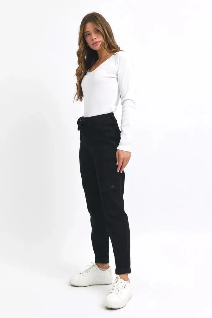 Judy Blue High Waist Cargo Cuff Black Jogger Denim Jeans 88910– sleekdenim.com