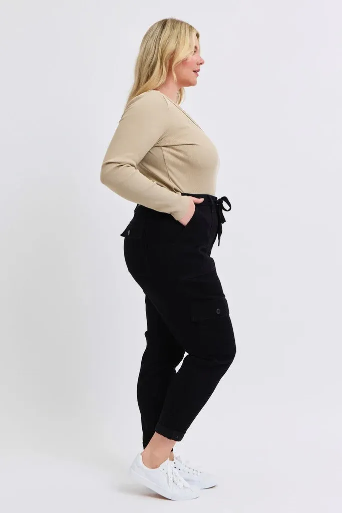 Judy Blue High Waist Cargo Cuff Black Jogger Denim Jeans 88910– sleekdenim.com