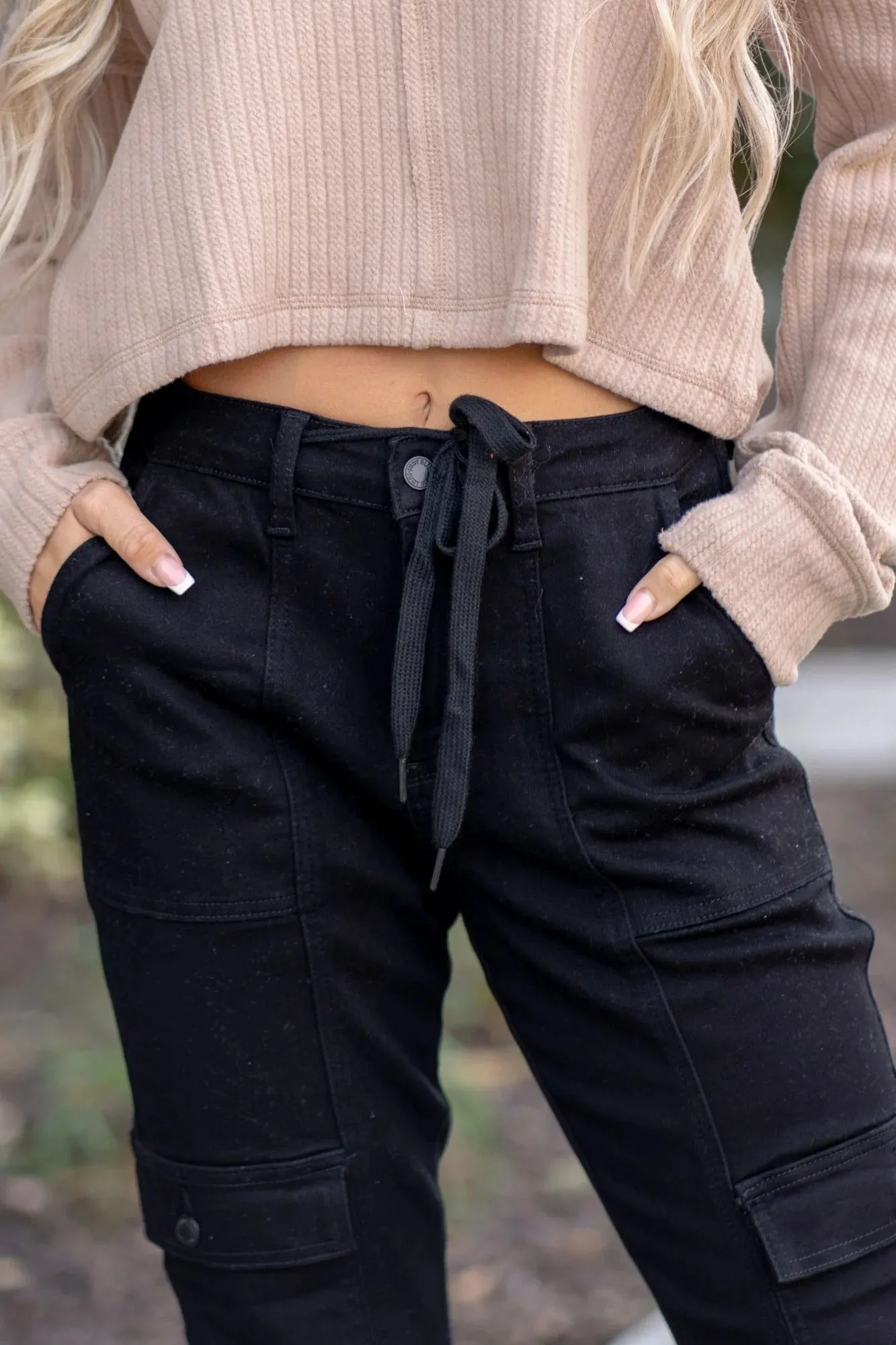 Judy Blue High Waist Cargo Cuff Black Jogger Denim Jeans 88910– sleekdenim.com
