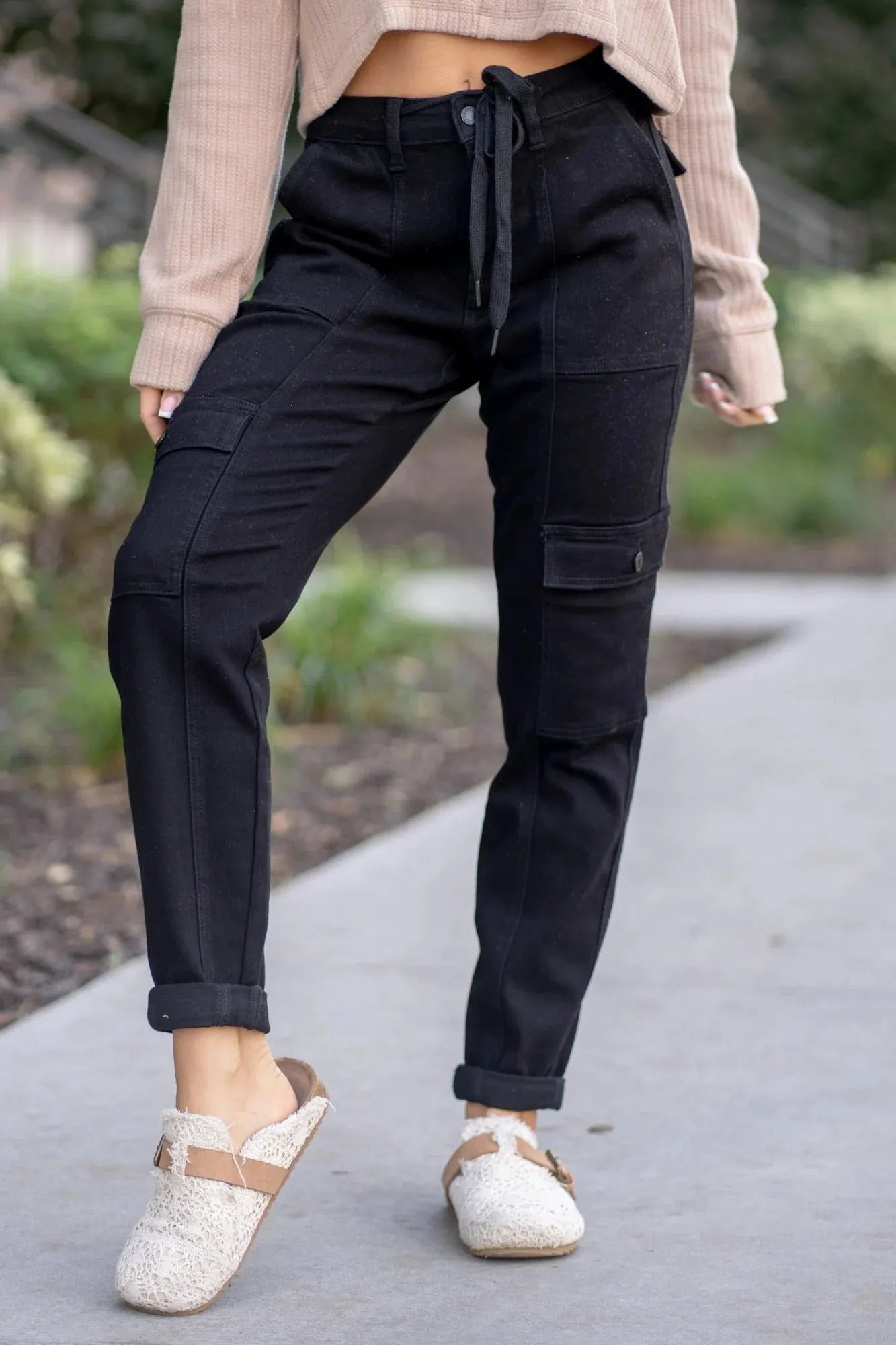 Judy Blue High Waist Cargo Cuff Black Jogger Denim Jeans 88910– sleekdenim.com