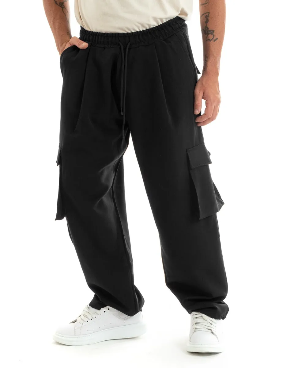 Pantaloni Uomo Baggy Lungo Pantalaccio Fondo Largo Cargo Tasconi Nero GIOSAL-P5921A