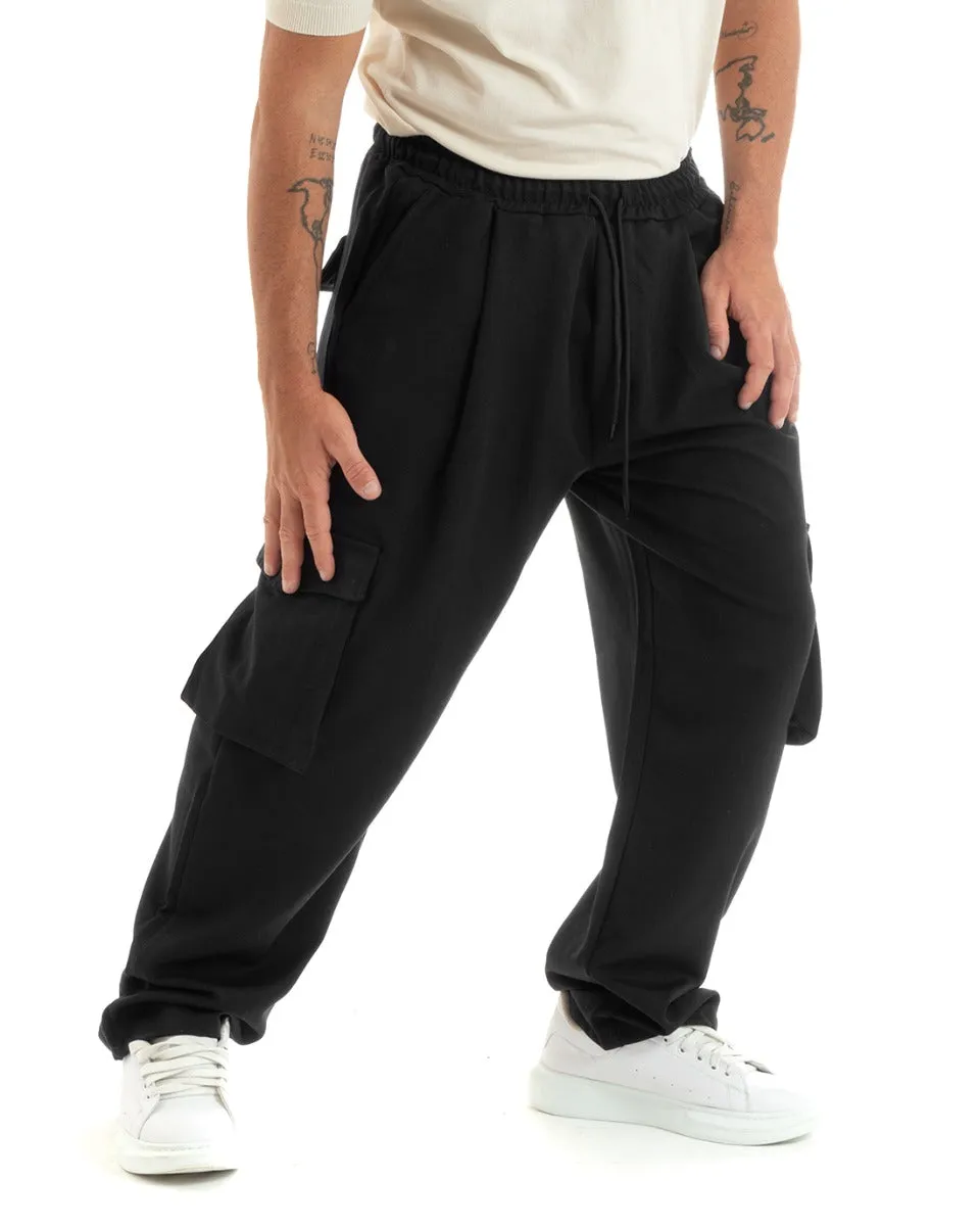 Pantaloni Uomo Baggy Lungo Pantalaccio Fondo Largo Cargo Tasconi Nero GIOSAL-P5921A