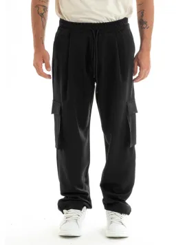 Pantaloni Uomo Baggy Lungo Pantalaccio Fondo Largo Cargo Tasconi Nero GIOSAL-P5921A