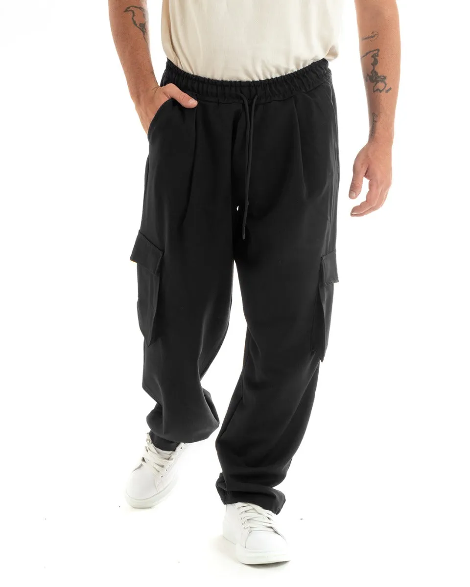 Pantaloni Uomo Baggy Lungo Pantalaccio Fondo Largo Cargo Tasconi Nero GIOSAL-P5921A
