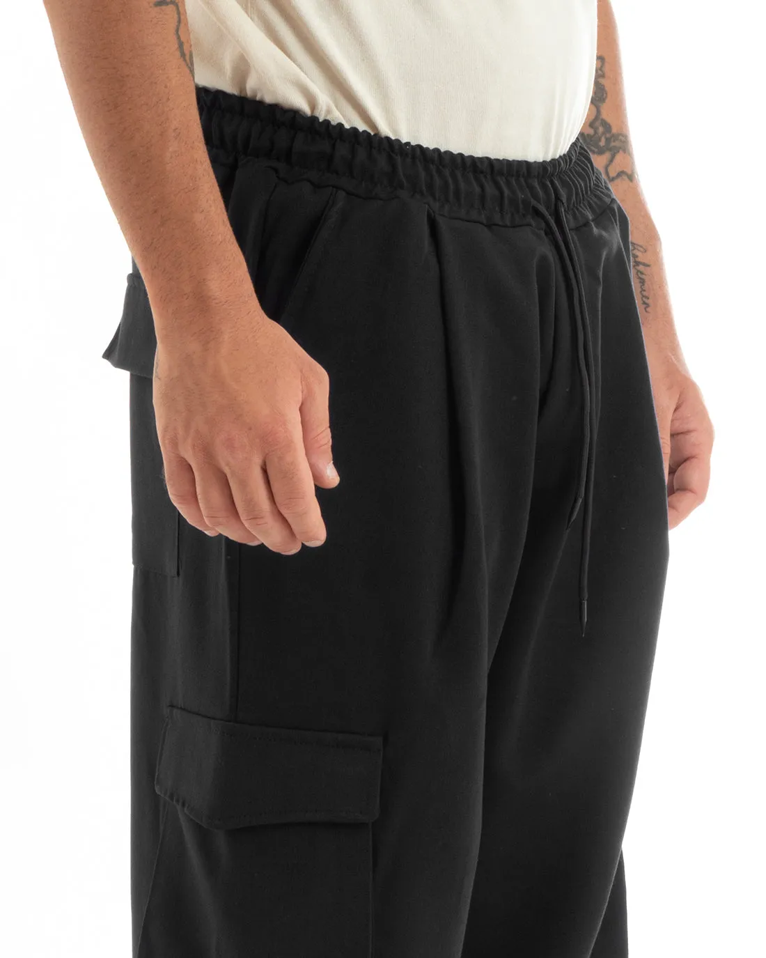 Pantaloni Uomo Baggy Lungo Pantalaccio Fondo Largo Cargo Tasconi Nero GIOSAL-P5921A