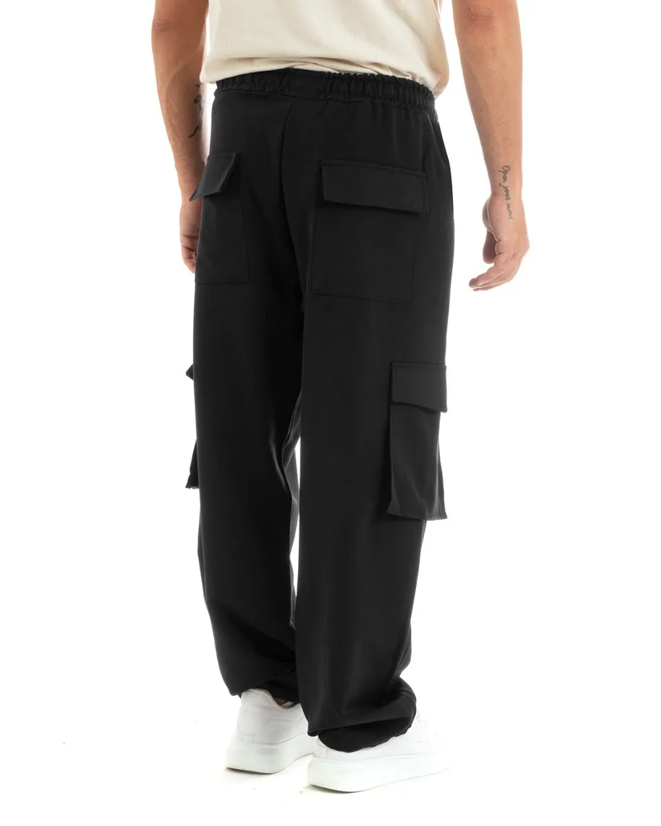 Pantaloni Uomo Baggy Lungo Pantalaccio Fondo Largo Cargo Tasconi Nero GIOSAL-P5921A