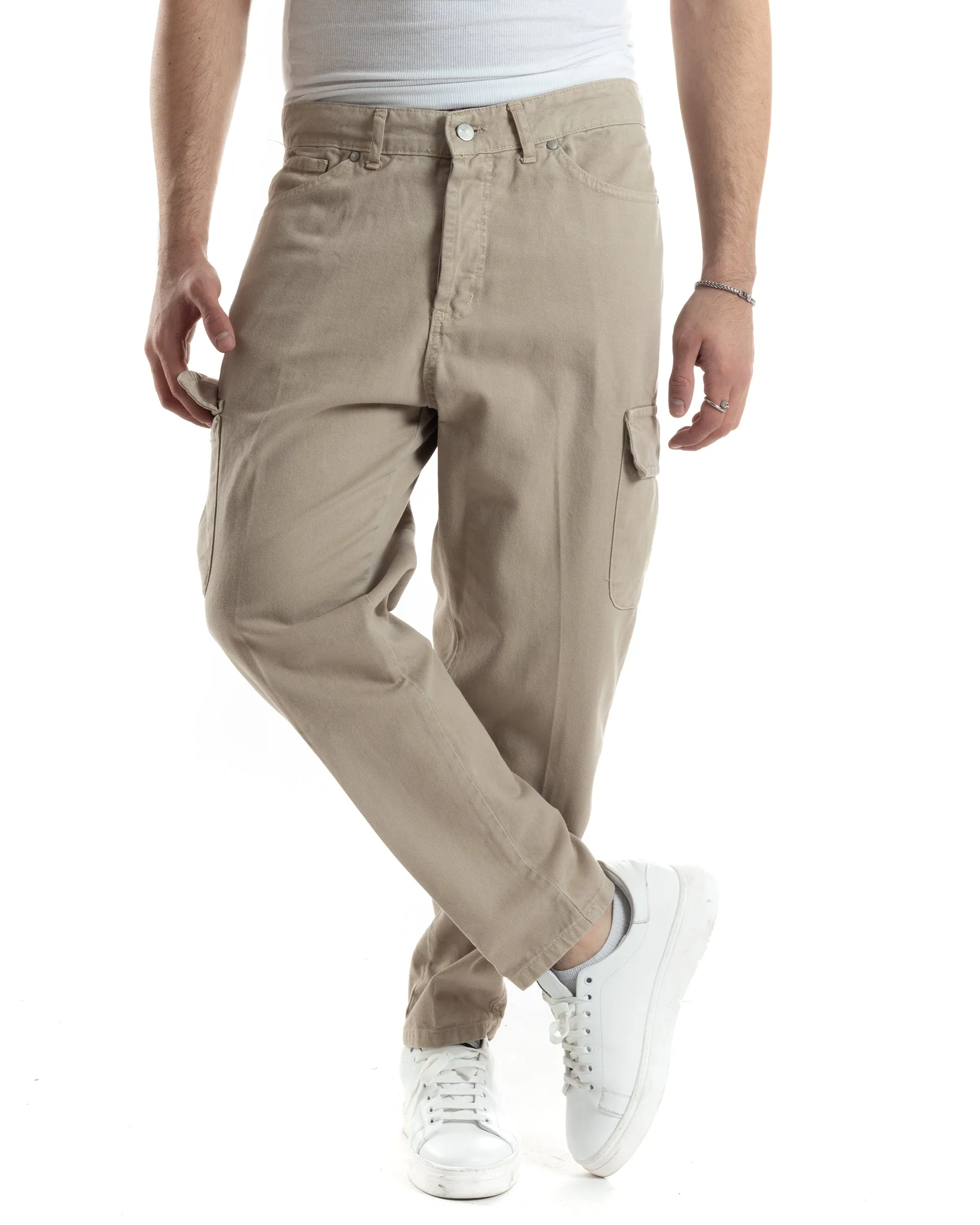 Pantaloni Uomo Cargo Tasconi Jeans Beige Straight Fit Casual GIOSAL-JS1016A