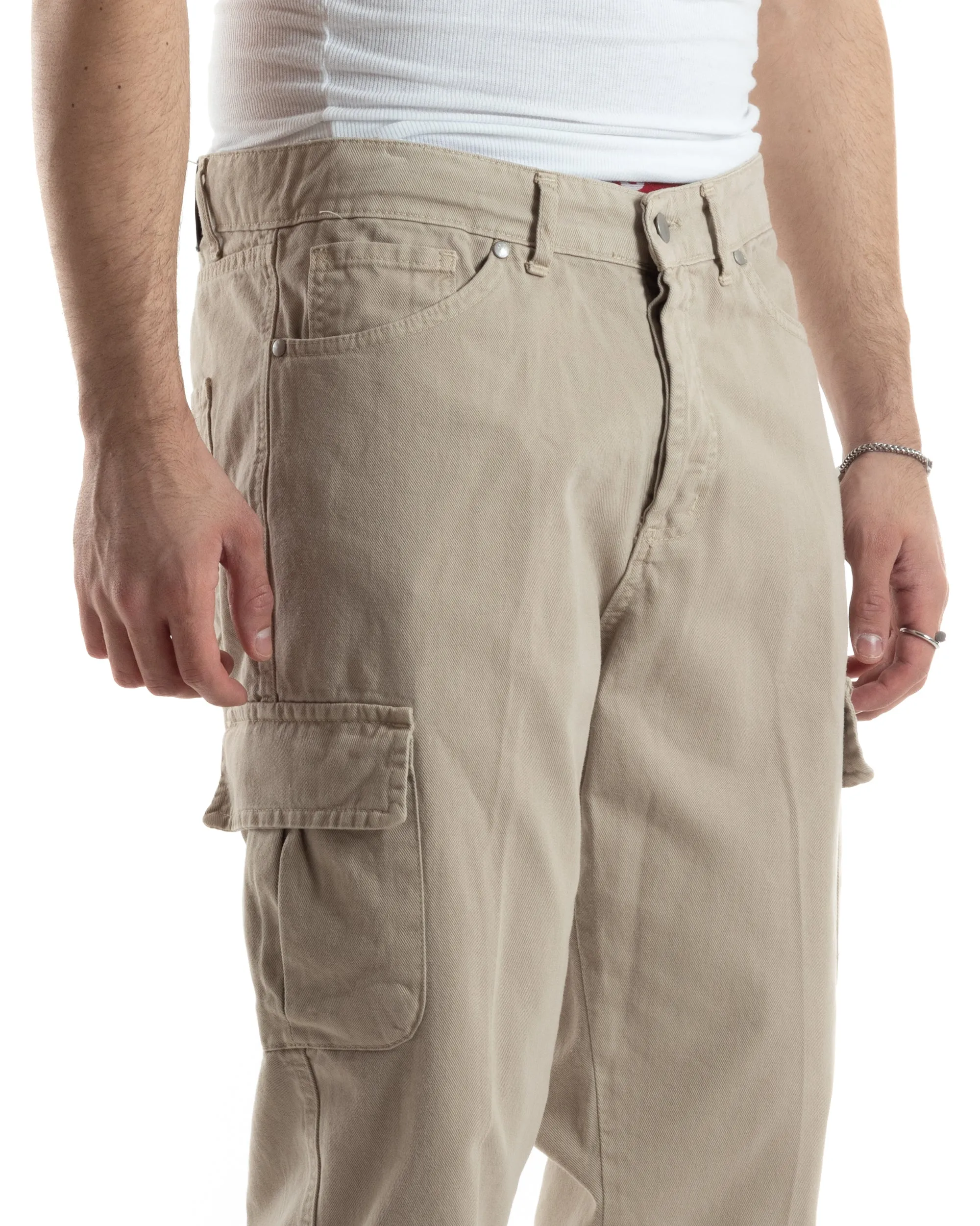 Pantaloni Uomo Cargo Tasconi Jeans Beige Straight Fit Casual GIOSAL-JS1016A