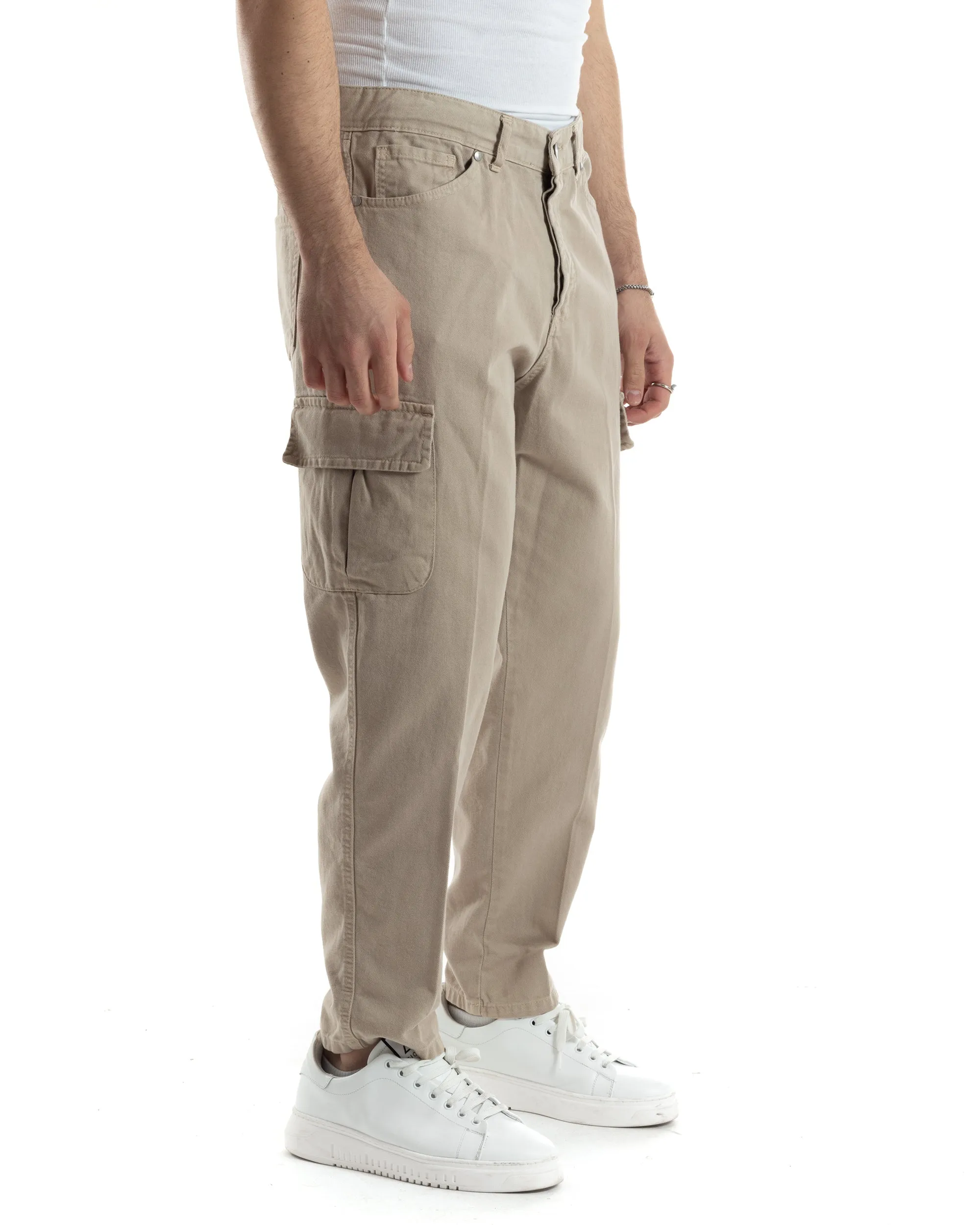 Pantaloni Uomo Cargo Tasconi Jeans Beige Straight Fit Casual GIOSAL-JS1016A