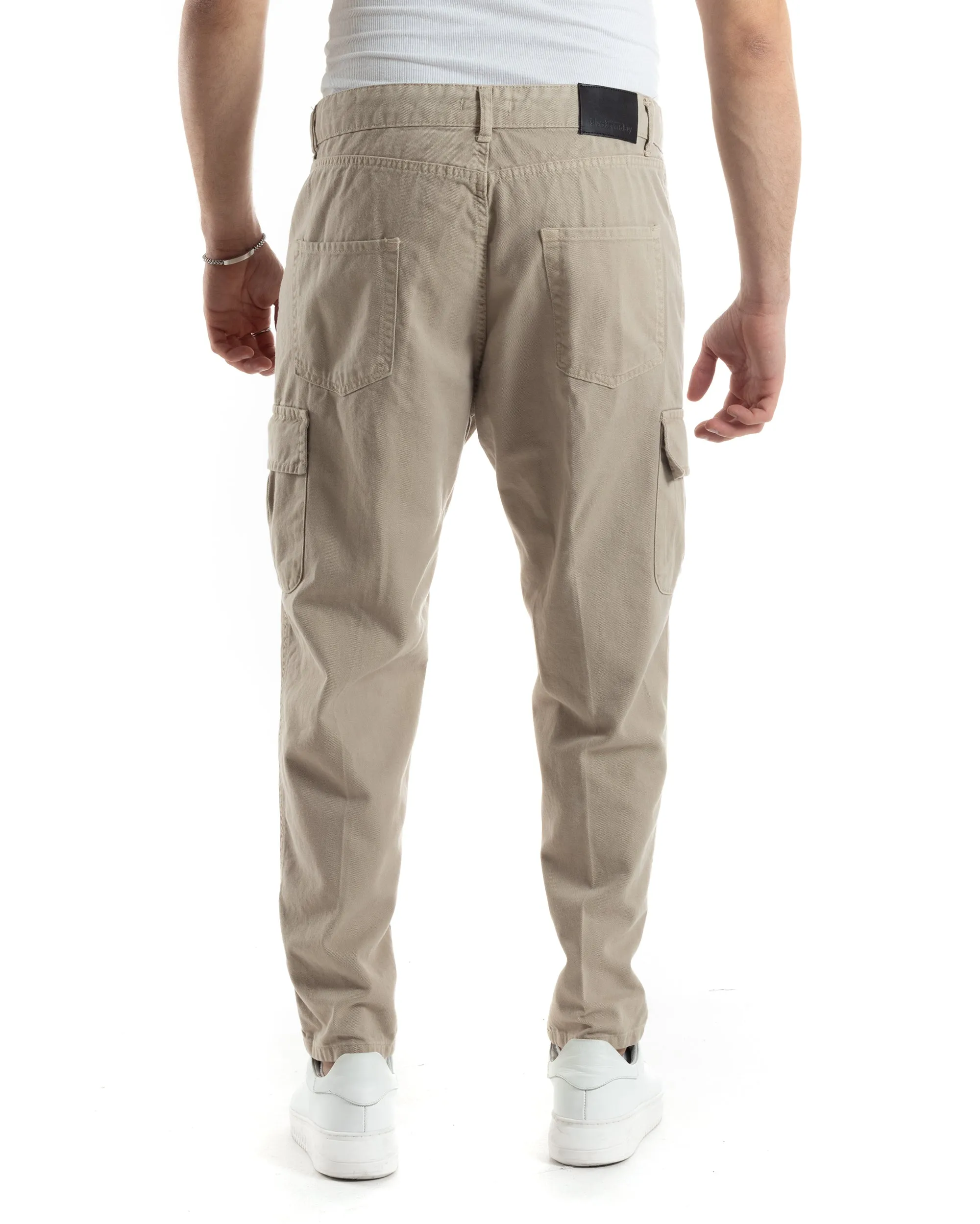 Pantaloni Uomo Cargo Tasconi Jeans Beige Straight Fit Casual GIOSAL-JS1016A