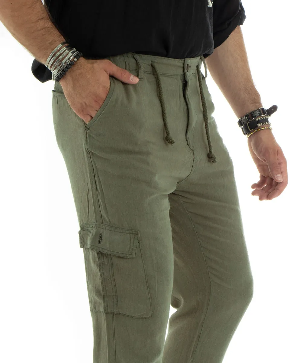 Pantaloni Uomo Lungo Cargo Tasconi Lino Pantalaccio Verde Basic GIOSAL-P5839A