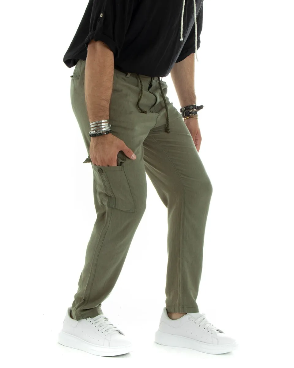 Pantaloni Uomo Lungo Cargo Tasconi Lino Pantalaccio Verde Basic GIOSAL-P5839A