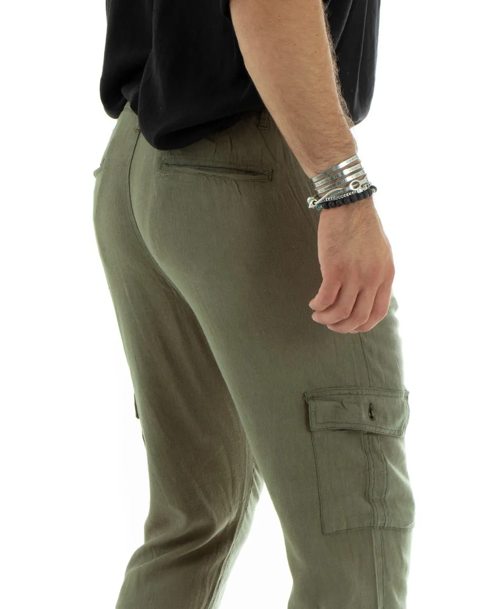 Pantaloni Uomo Lungo Cargo Tasconi Lino Pantalaccio Verde Basic GIOSAL-P5839A
