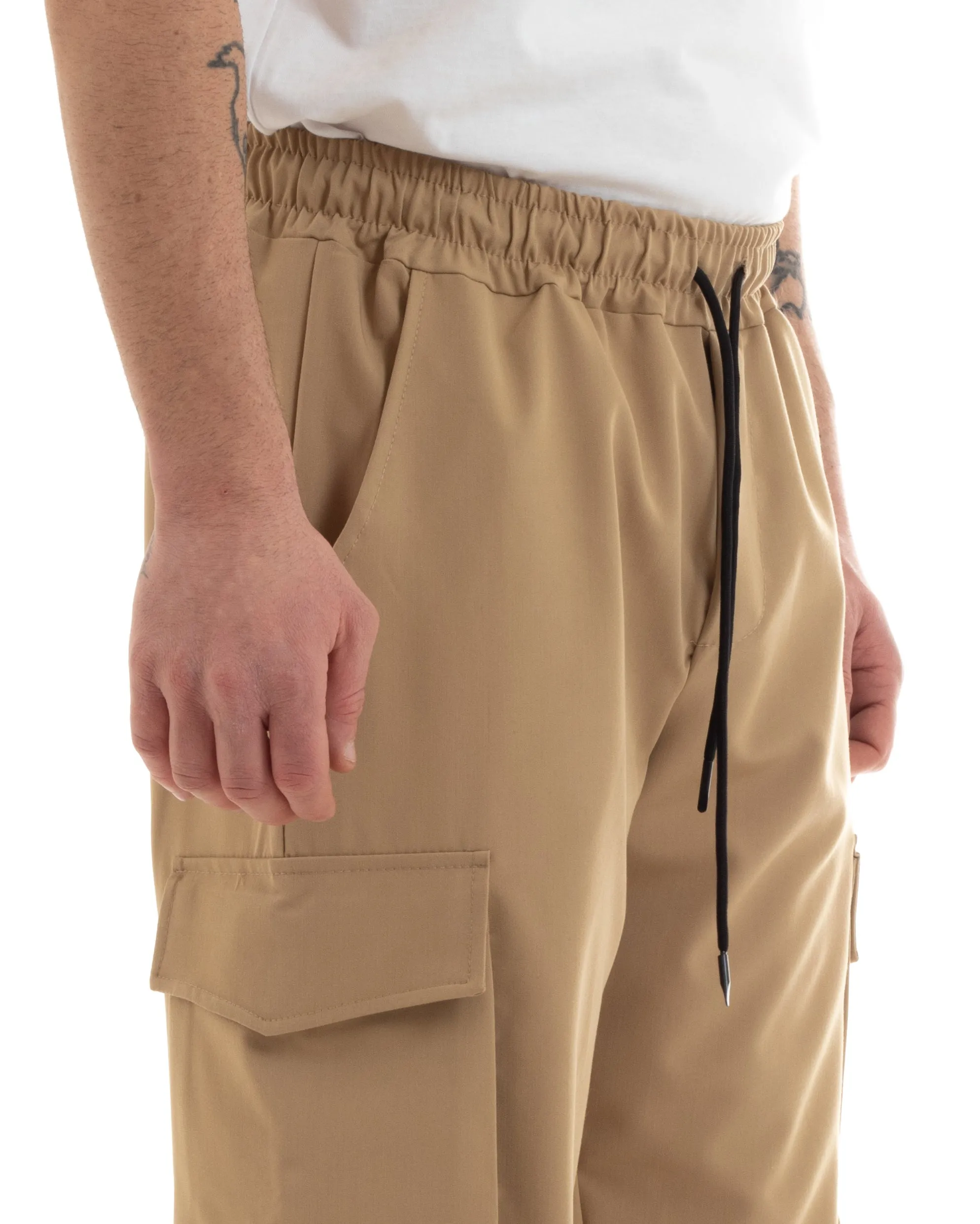 Pantaloni Uomo Lungo Cargo Tasconi Viscosa Tinta Unita Camel Elastico Alla Caviglia GIOSAL-P5651A