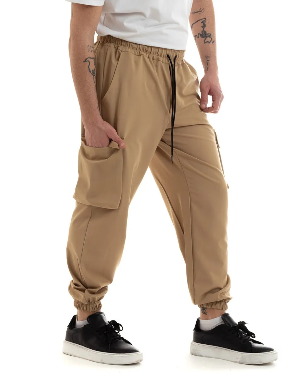 Pantaloni Uomo Lungo Cargo Tasconi Viscosa Tinta Unita Camel Elastico Alla Caviglia GIOSAL-P5651A