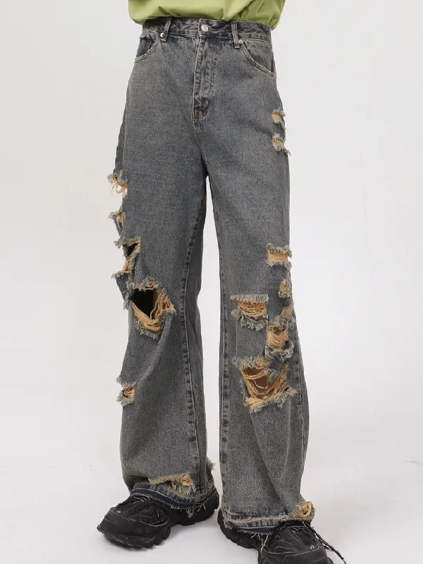 Straight Ripped Wide-leg Jeans